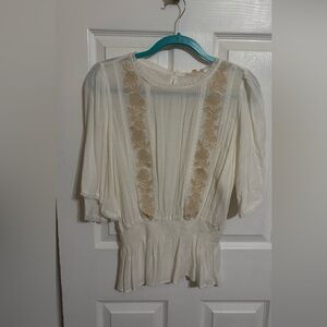 In-Loom Cream Blouse with Tan Floral Details | NWT